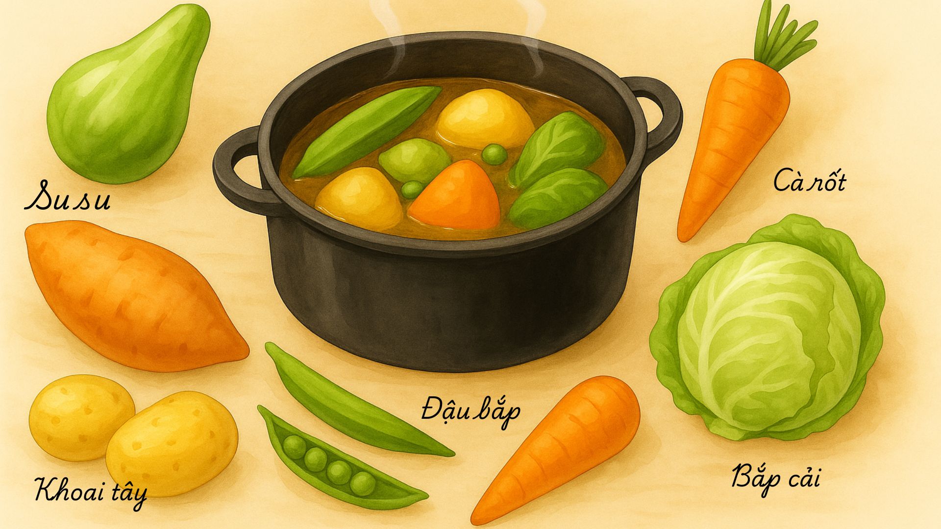 Công thức nước dashi 1_ Su su, đậu bắp, khoai tây, cà rốt, bắp cải