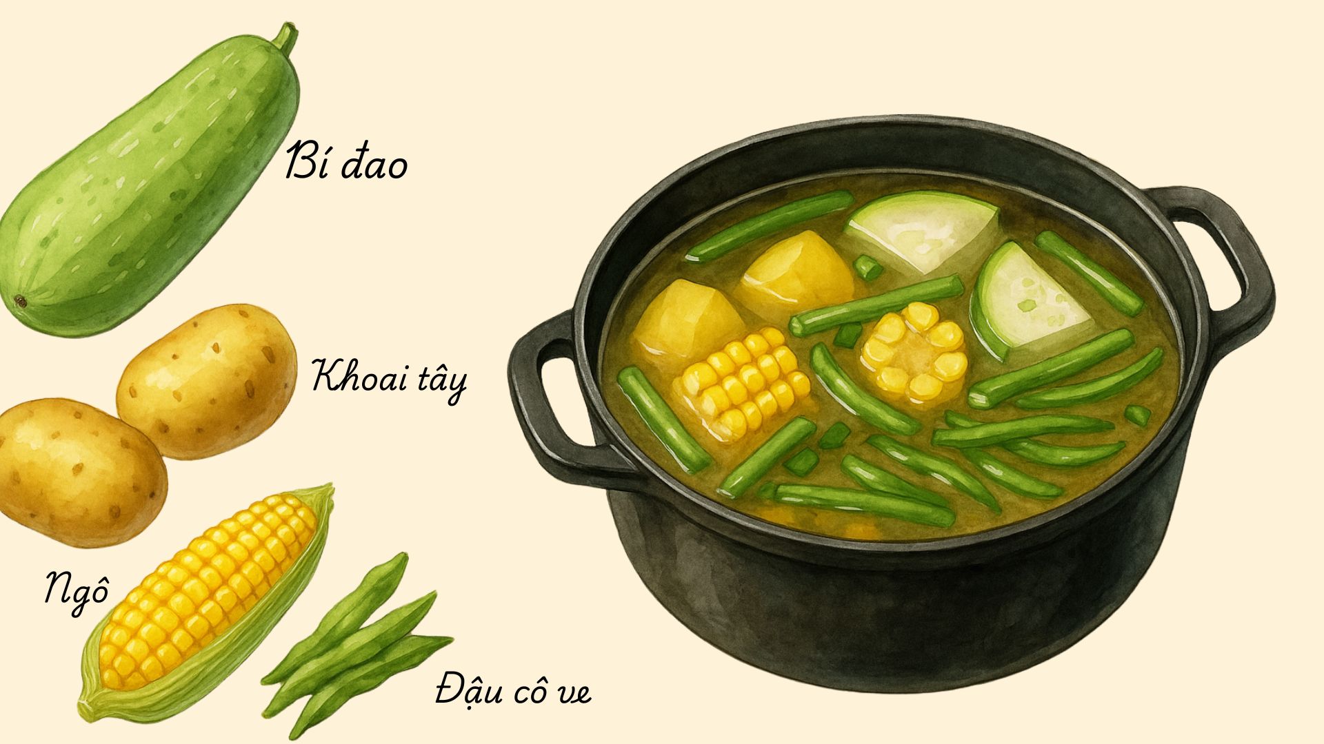 Công thức nước dashi 2_ Bí đao, khoai tây, ngô nõn, đậu cô ve