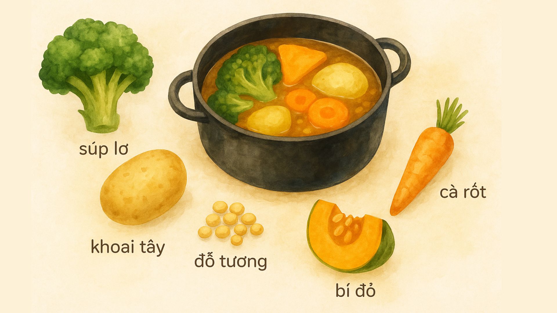 Công thức nước dashi 3_ Súp lơ, khoai tây, đỗ tương, cà rốt, bí đỏ