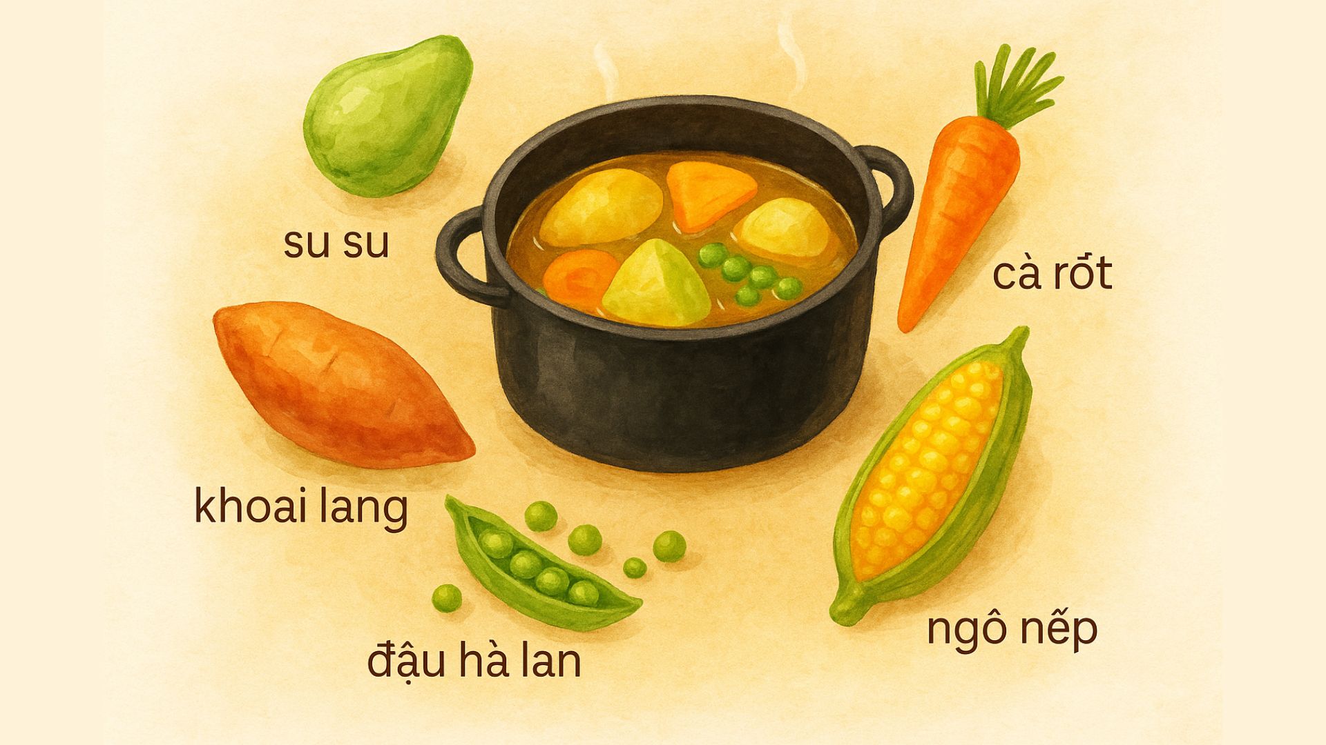 Công thức nước dashi 4_ Khoai lang, su su, cà rốt, đậu hà lan, ngô nếp