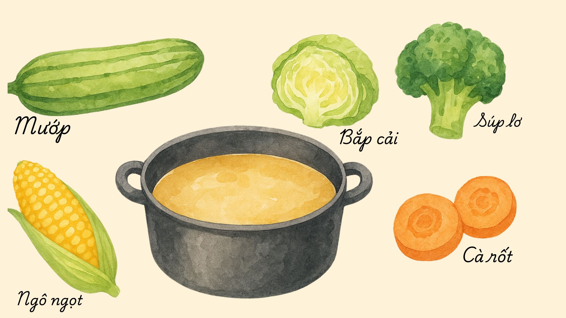 Công thức nước dashi 5_ Mướp, bắp cải, súp lơ, cà rốt, ngô ngọt