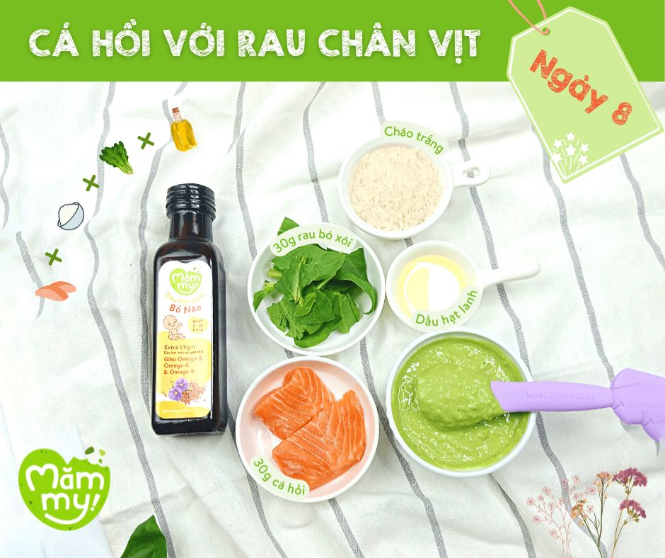 Thực đơn ăn dặm cho bé Cá hồi với rau chân vịt