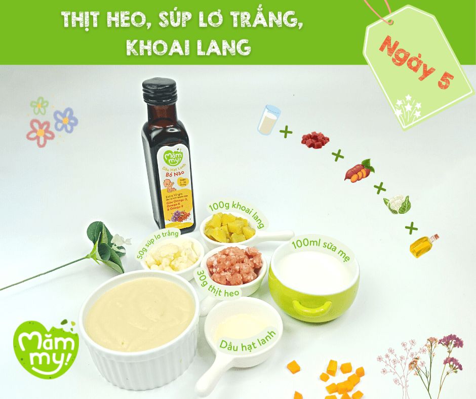 Thực đơn ăn dặm cho bé Thịt heo, súp lơ, khoai lang