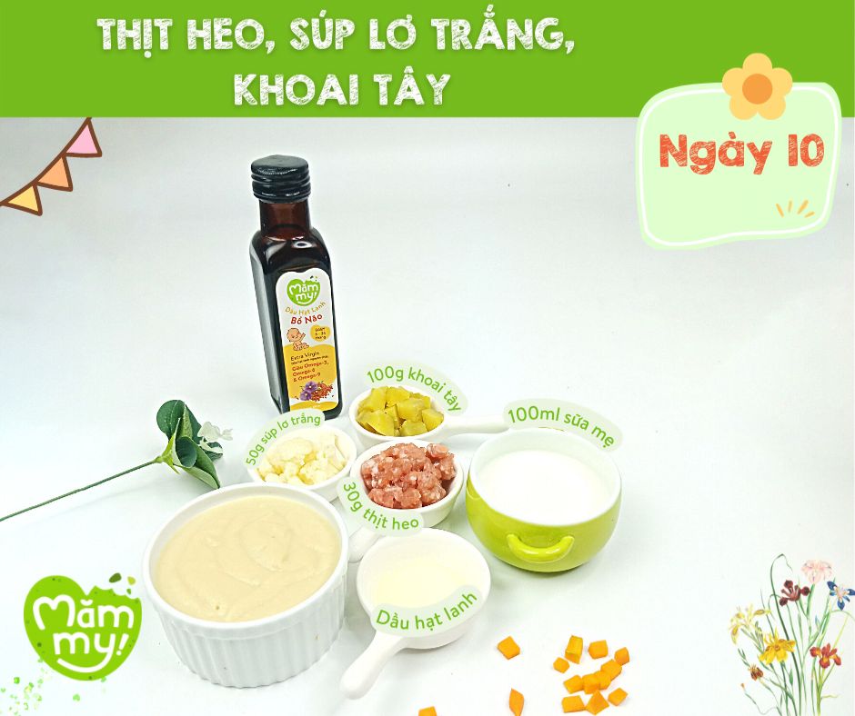 Thực đơn ăn dặm cho bé Thịt heo, súp lơ trắng và khoai tây