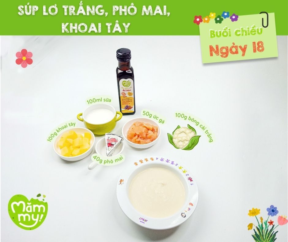 Thực đơn ăn dặm cho bé tăng cường_ Súp lơ trắng, phô mai,, khoai tây
