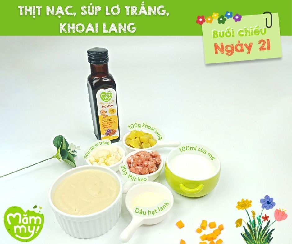 Thực đơn ăn dặm cho bé tăng cường_ Thịt nạc, súp lơ trắng, khoai lang